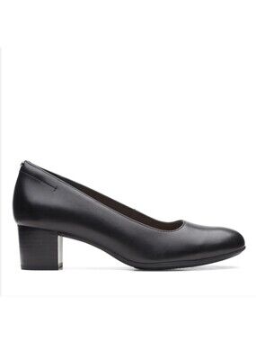 Clarks Linnae Black Leather Block Heel Slip On Pump Heels Size 8.5
